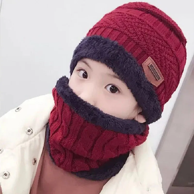 Children Knitted Hat Winter Warm Baby Kids Cap Skullies Beanies Circle Scarf Thicken Fleece Lining For 2-12 Years Boys Girls | Детская