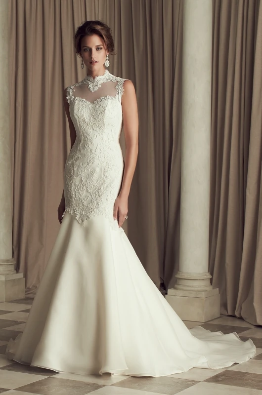 Robe de Mariage 2017 New Сшитое Кот Органзы Атласная Высокая Шея Кнопка Назад Аппликации