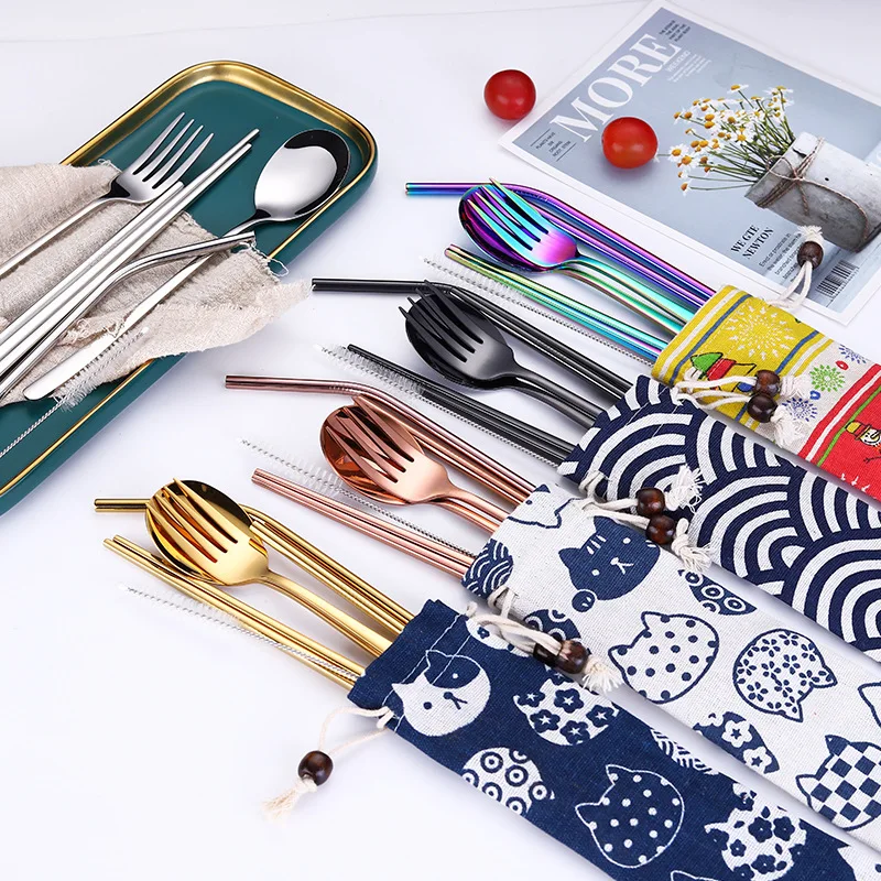 Stainless Steel Dinnerware Set Spoon Fork Chopsticks Straw With Cloth Pack Cutlery For Travel Outdoor Office Picnic BBQ | Дом и сад