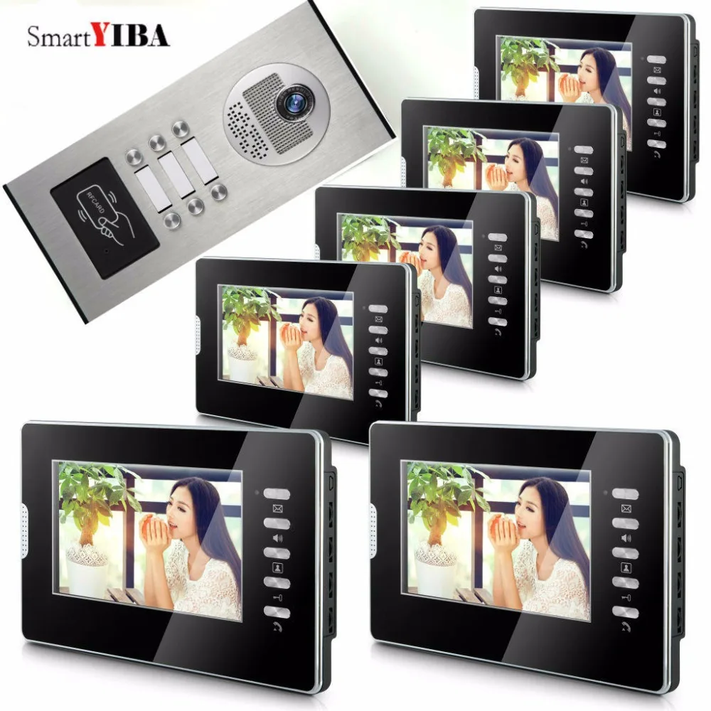

SmartYIBA Wire 7"Color Screen Video Door Phone Intercom Doorbell System Night Vision RFID Access Doorbell Camera For 6 Apartment
