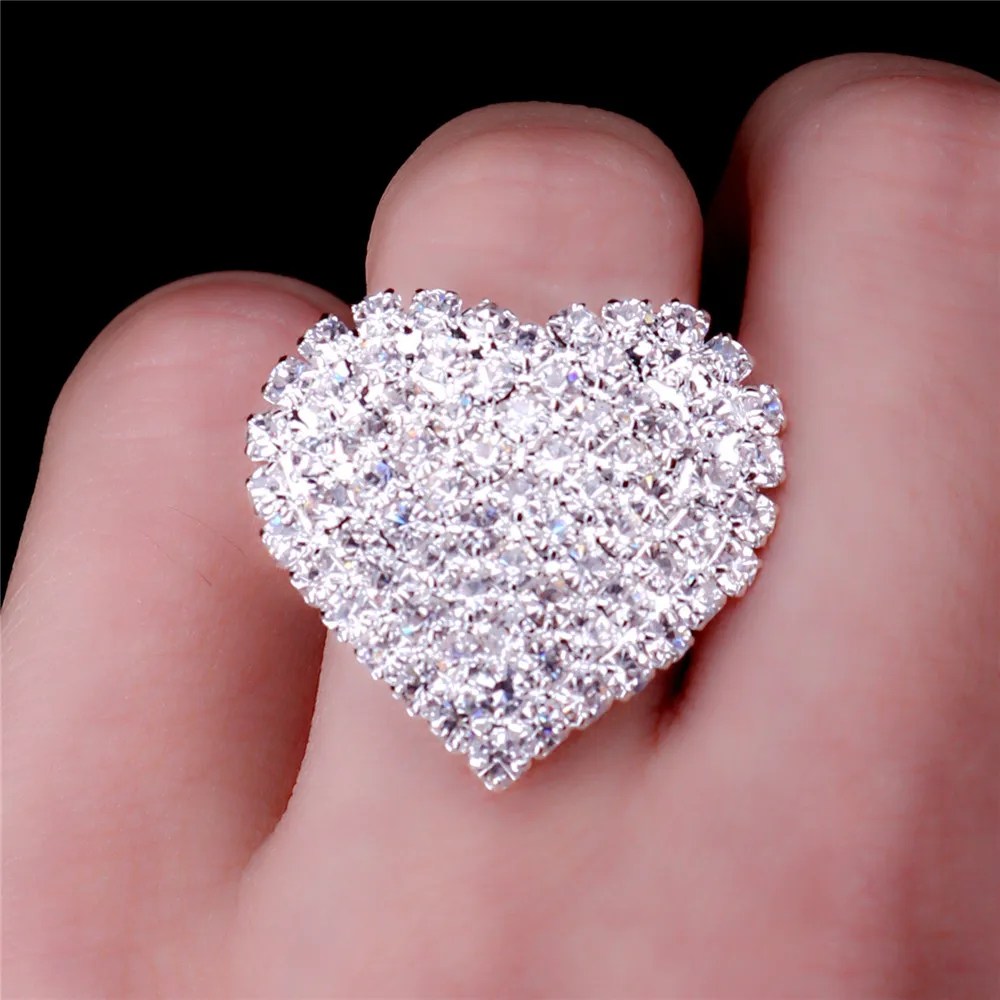 Женское кольцо с большим сердечком Винтажное из белого серебра цирконием