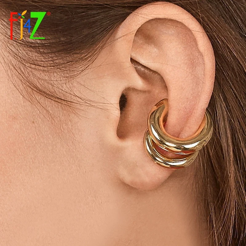 

F.J4Z New Women Chic Earrings Fashion Simplicity Cuff Earrings Golden Alloy Circle None-piercing Earrings Ear Cuffs for Party