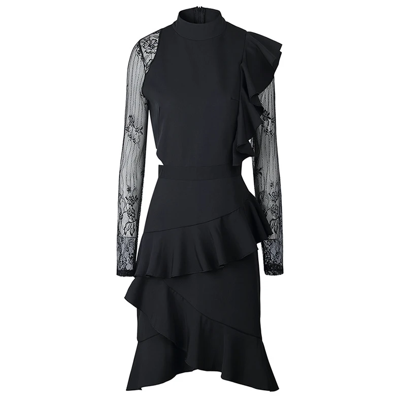 Женское кружевное Платье До Колена черное винтажное платье с длинным рукавом и