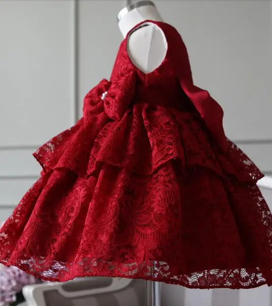 Элегантное платье для маленьких девочек модное Красное Кружевное без рукавов с