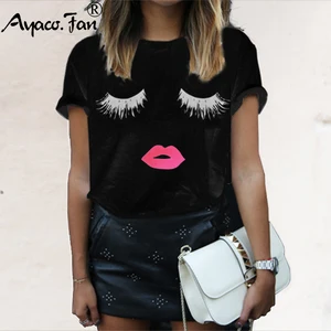 Размера плюс 5XL милые ресницы, с рисунком красных губ Для женщин; Летние футболки в стиле хип из молочного шелка, футболки с короткими рукавами, с круглым вырезом, женская обувь белого и черного цвета, топы