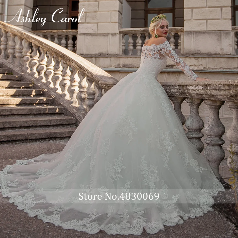 Ashley Carol Ball Gown Wedding Dress 2022 Elegant Boat Neck Long Sleeve Princess Vintage Luxury Bridal Gowns Vestido De Noiva | Свадьбы и