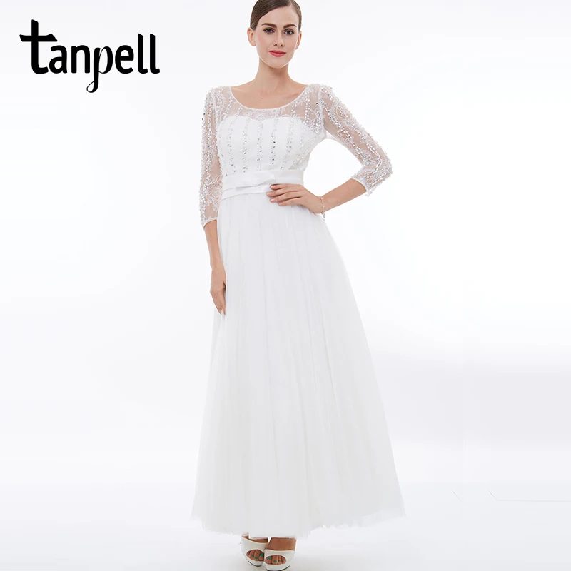 Длинное платье для выпускного вечера tanpelll белое с рукавами 3/4 длиной до пола