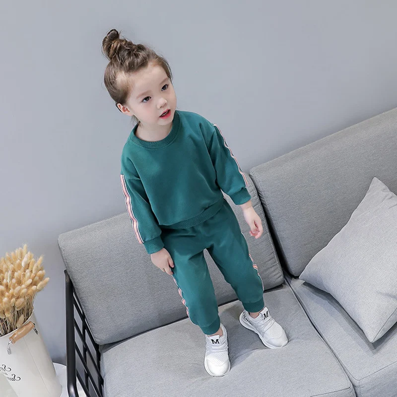 Children Tracksuits for Girls Solid Color Crew Neck Long-sleeved Sweater T-shirt Trousers Set Children's Casual Kids Clothes | Детская
