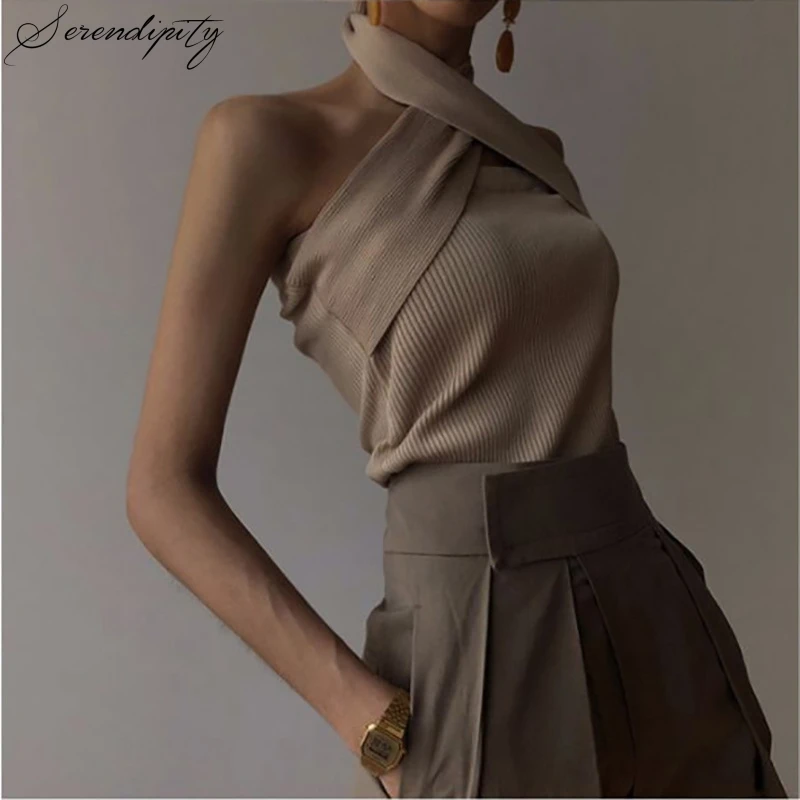 Women Sweater Knit Slim Sleeveless Hollow Out Halter Pullover Winter Autumn Cotton Elegant Apricot Backless Sexy Solid | Водолазки