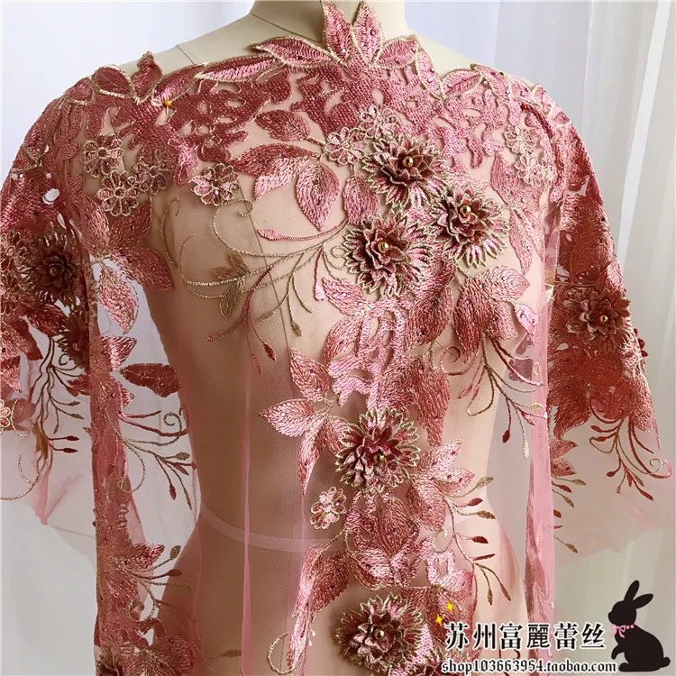 

Super Lace embroidery patches Handmade flowers with Pearl sequins Eugen yarn Applique for DIY Wedding dress 1order=1pc