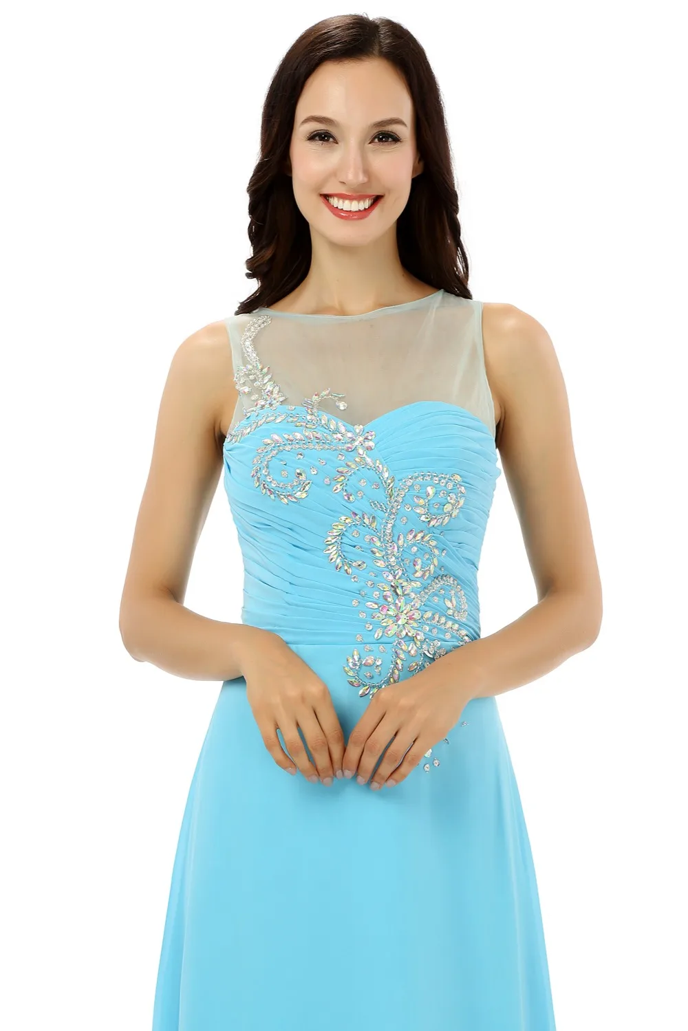 

See Through Evening Dresses A-line Scoop Chiffon Beaded Sky Blue Women Maternity Long Evening Gown Prom Dress Prom Gown