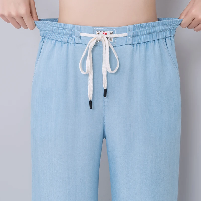 Tencel джинсы широкие брюки женские синие летние 2019 эластичные высокая талия