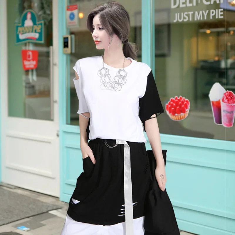 Biutefou Марка Новая мода 2017 летние женские отверстие футболки свободные круглым