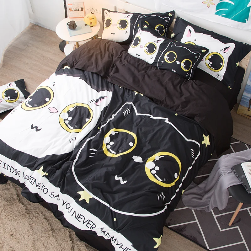 Черно белый комплект постельного белья с рисунком кота для мальчиков и девочек