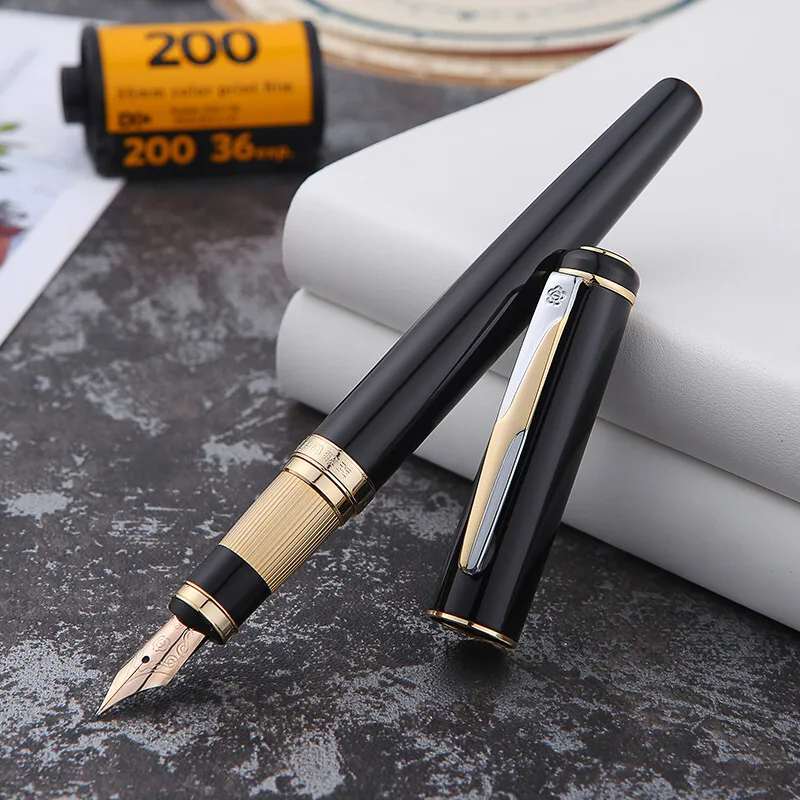 Hero 300 12K Gold Classic Metal Black Fountain Pen Golden & Silver Trim Authentic Quality Ink Pen Gift Box Writing Office Set