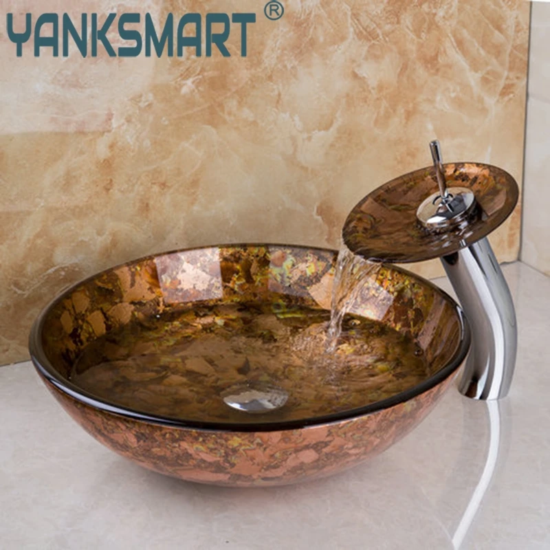 

YANKSMART Environmental Protection Bathroom Sink Washbasin Tempered Glass Hand-Painte Waterfall Faucet Mixer Tap Set