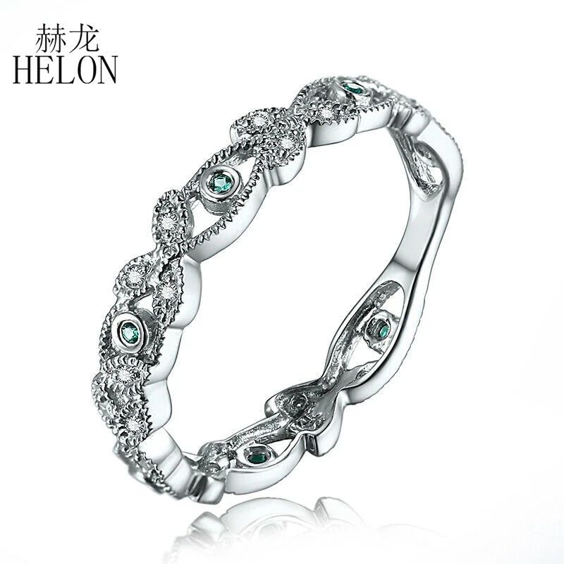 HELON Solid 14K(AU585) белое золото 0.2CT натуральные бриллианты изумруд тонкой свадьбы юбилей кольцо женские модные праздничные ювелирные изделия