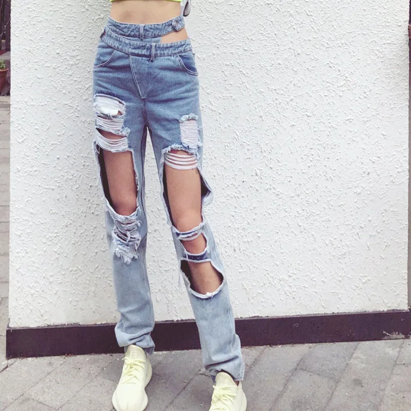 

Autumn New Jean Women Big Holes Skinny Jeans for Woman Punk Style Irregular Waist Ripped Denim Pants