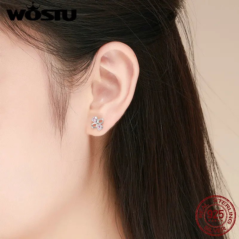 WOSTU, настоящее 925 пробы, серебряные, романтические, Бесконечная любовь, с розовыми кристаллами AAA, серьги-гвоздики для свадьбы, брендовые ювелирные изделия, подарок FIE455