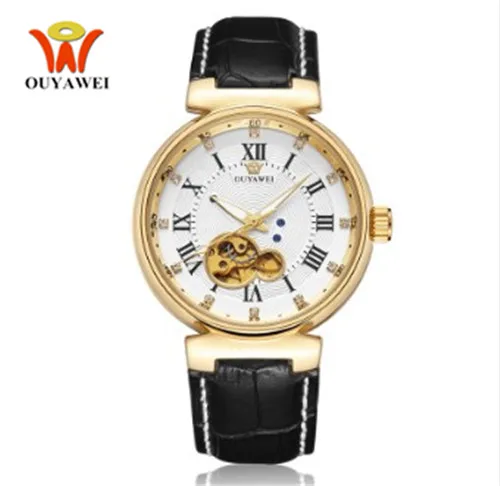 Gold White Relogio Masculino OYW роскошные мужские s Скелет автоматические механические часы мужские кожаный ремешок 30 м водонепроницаемые Модные мужские наручные часы - Цвет: Gold White