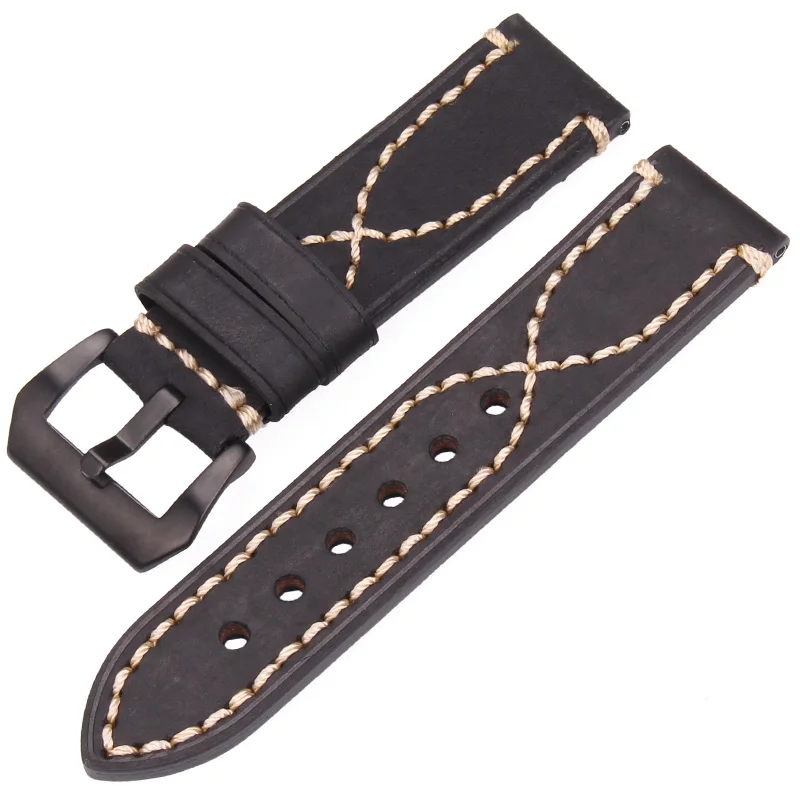 Black black buckle Ремешок для наручных часов ручной работы из натуральной кожи для мужчин и женщин, черный, коричневый, зеленый, серый, 22 мм, 24 мм, толстый ремешок, стальная пряжка для Panerai - Цвет ремешка: Black black buckle