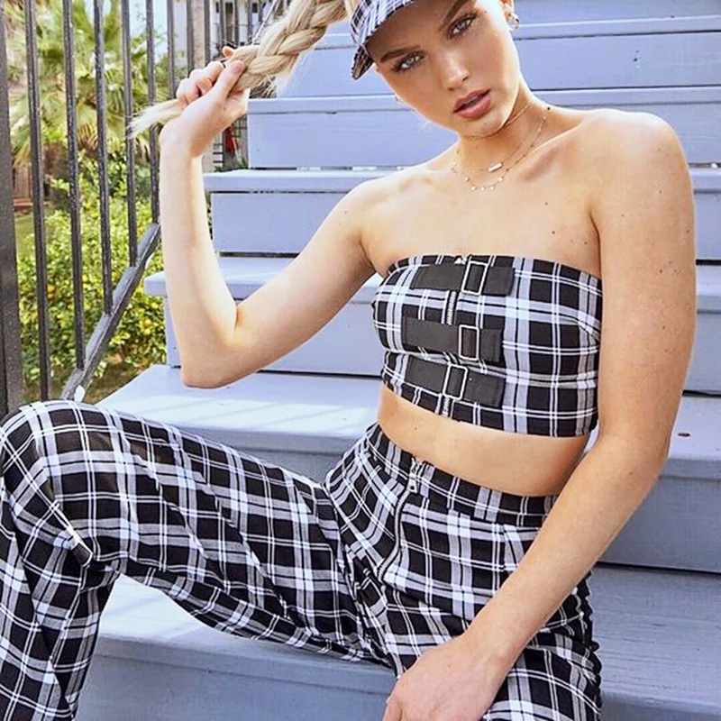 Женский обтягивающий костюм INDRESSME клетчатый пикантный Топ без бретелек рукавов с