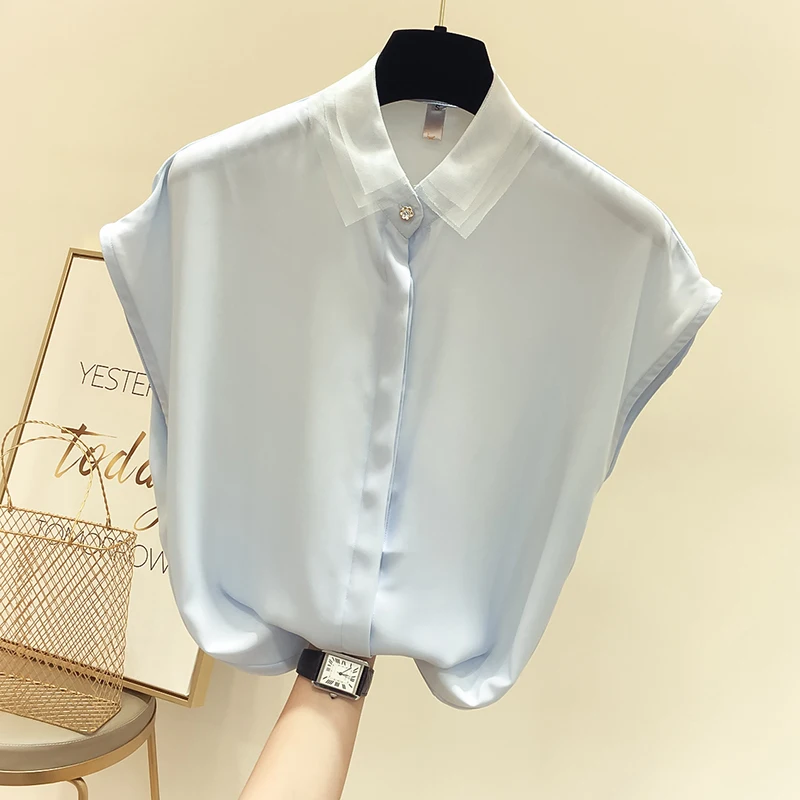 Лето 2018 новый стиль Корейская тонкая Однотонная рубашка с отворотом шифоновая