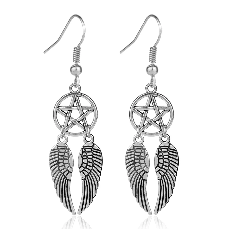 

Movie Supernatural Devils Pentagram Earring For Women Angel Wing Insp[iral Drop Earring Metal Decoration Party Jewelry