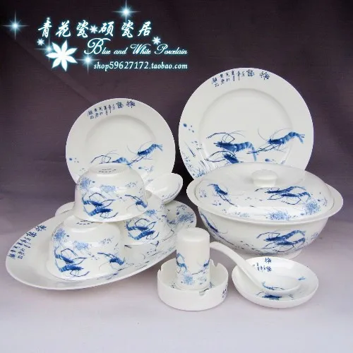 

blue and white porcelain tableware Jingdezhen guci yi xing ceramic bone china porcelain ceramic bowl disc soup 56 sets shrimp.