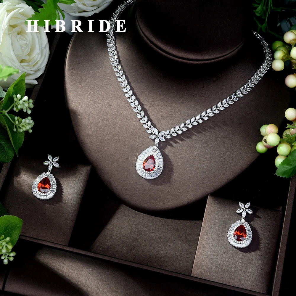 HIBRIDE Fashion Wedding Costume Accessories AAA Cubic Zircon Crystal Bridal Earrings Necklace Jewelry Sets for Brides N-265