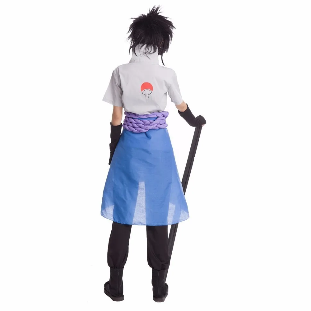 С рисунком из аниме «Наруто» Учиха Косплей-костюм SASUKE костюм героя аниме «Наруто Ураганные Хроники четыре поколения полный набор Костюмы Хэллоуин одежда унисекс; парик