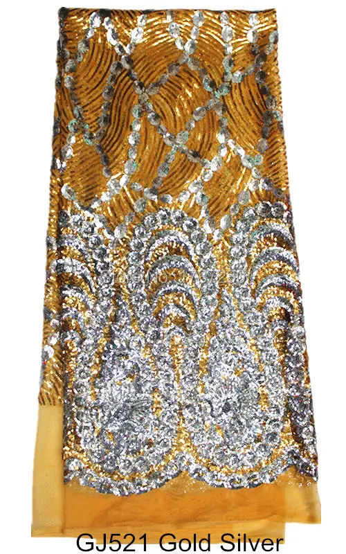 GJ521 Tellow Gold Embroidered African Plain Glitter Shining Sparkle Sequin French Net Tulle Lace fabric |