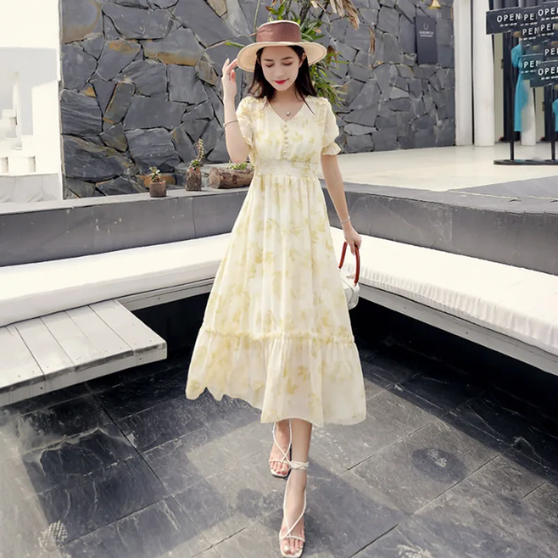 Женское шифоновое платье с рюшами в стиле ретро Пляжное цветочным принтом