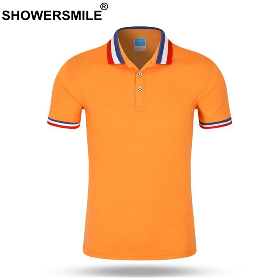 orange polo SHOWERSMILE Мужская рубашка поло, деловая Повседневная футболка поло, белые хлопковые летние обычные дешевые однотонные футболки, мужская одежда в британском стиле - Цвет: orange polo