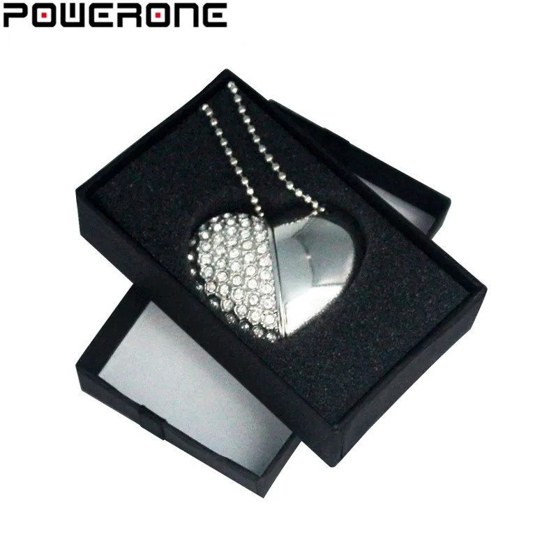 POWERONE Metal diamond crystal heart with gift box USB flash drive pendrive 8GB 16gb 32GB 64GB Memory stick thumb drive Gifts