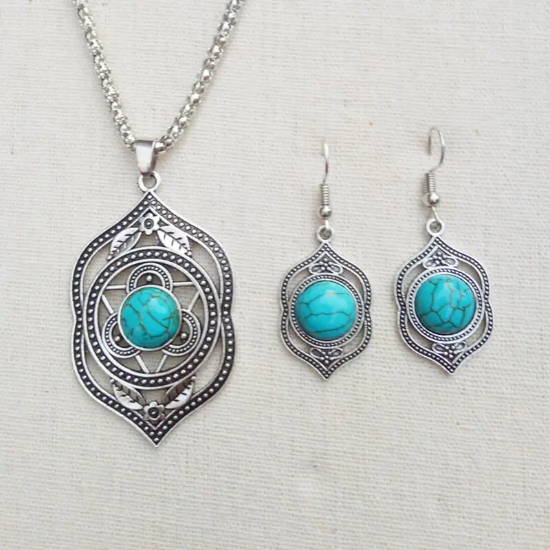 NecklaceEarrings Богемные Ретро бирюзы ожерелье браслет серьги 3 шт модные ювелирные наборы - Окраска металла: NecklaceEarrings