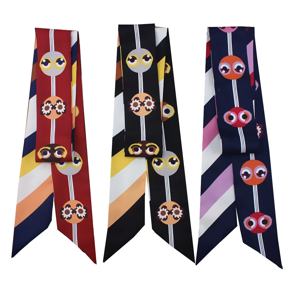 

New Little monster Print Silk Scarf Women Luxury Brand Scarf Ties Bag Ribbons Fashion Head Scarf Small Long Skinny Scarves