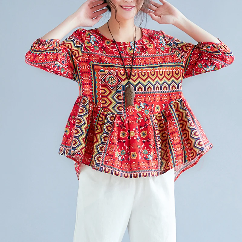 Boho Стиль принт Для женщин топы и блузка 2018 Осенняя мода Фонари с длинными