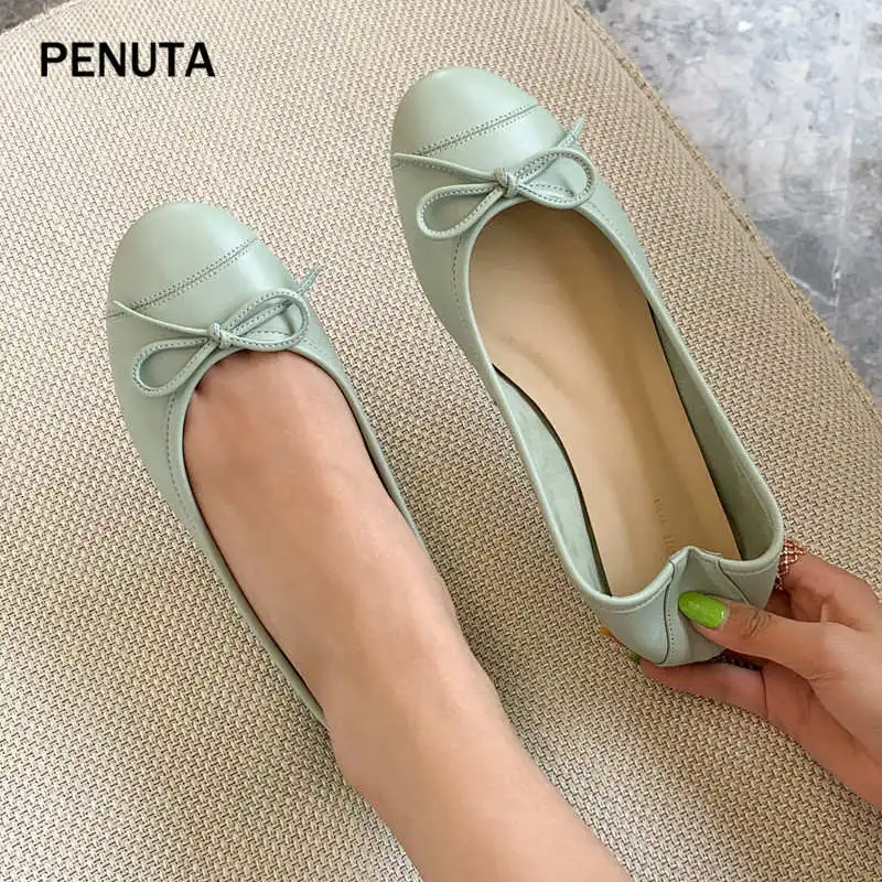 Green PENUTA/; женская повседневная обувь из овечьей кожи; балетки на плоской подошве; тонкие туфли; женские Кожаные Мокасины с бантом; PF925 - Цвет: Green