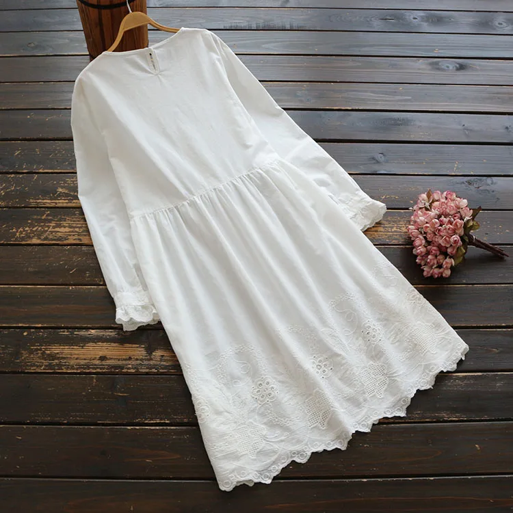 Хлопковое милое японское Кружевное белое платье с длинными рукавами и круглым