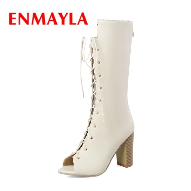 

ENMAYLA 2020 women open toe lace up Summer boots lady summer cross-tied square heel female boots Big size 34-43 ZYL332