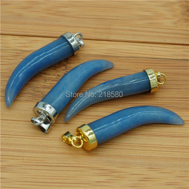 

P15052113 Bluie Agates Horn Tusk Pendant with Gold Or Silver Cap