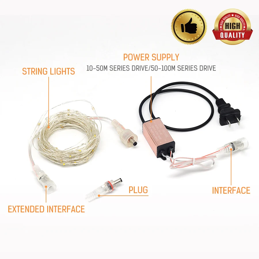 Расширяемая светодиодная гирлянда 10 м AC85 265V теплый белый/RGB свет подключаемый