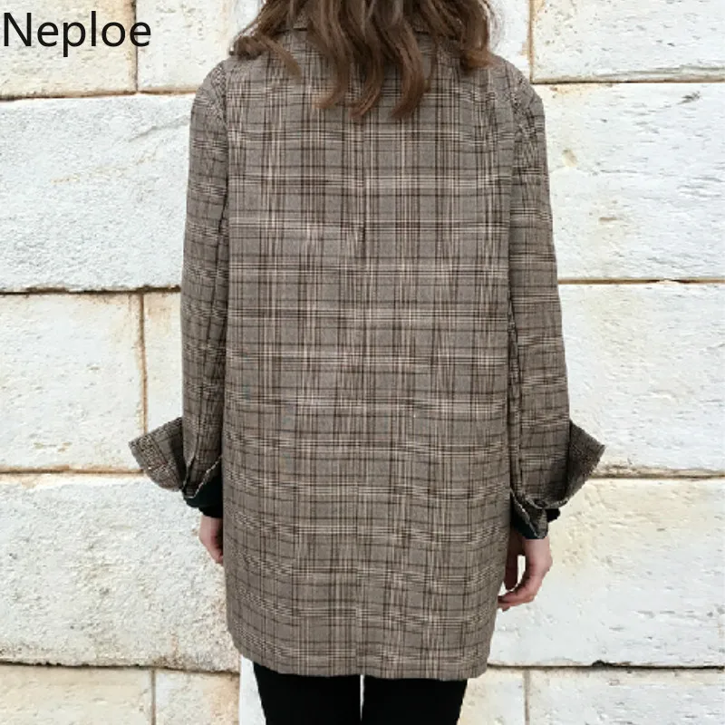 Женский клетчатый блейзер в стиле ретро с отложным воротником и длинными