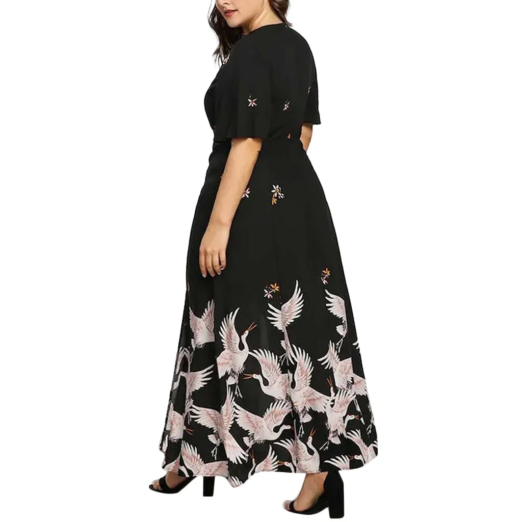 Летнее платье больших размеров для женщин кран с цветочным принтом V образным