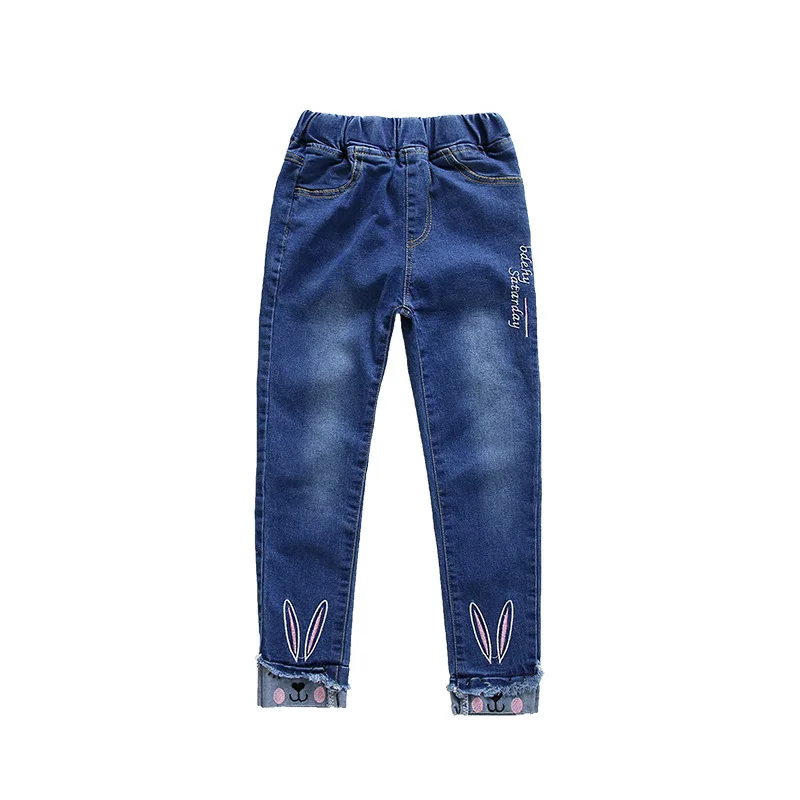Girls'jeans детская одежда в мультипликационном стиле; джинсы c кроликами в весенне-Осенняя детская одежда джинсы для маленьких девочек От 3 до 12 лет