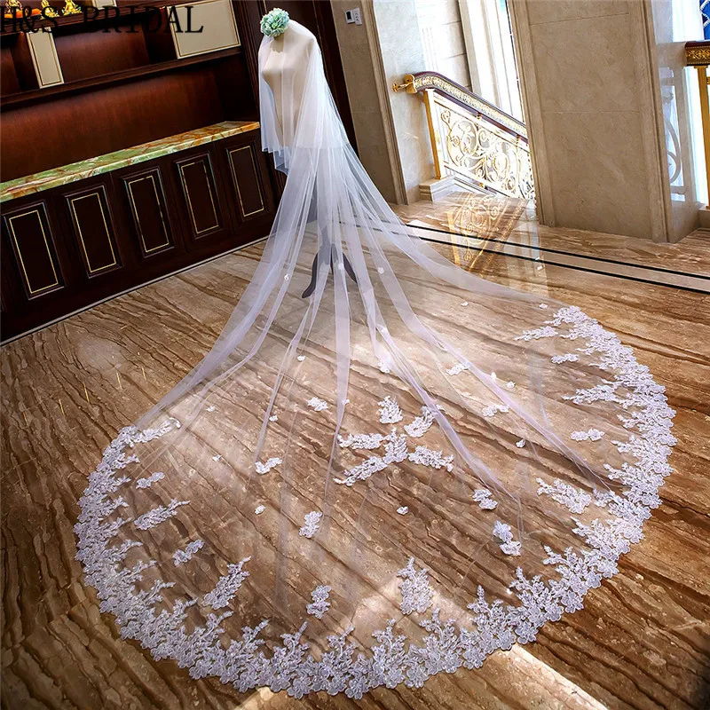 

H&S BRIDAL 3.5 Meters Cathedral Wedding Veils Long Lace Applique Bridal Veil with Comb Wedding Accessories Bride Veu 2020