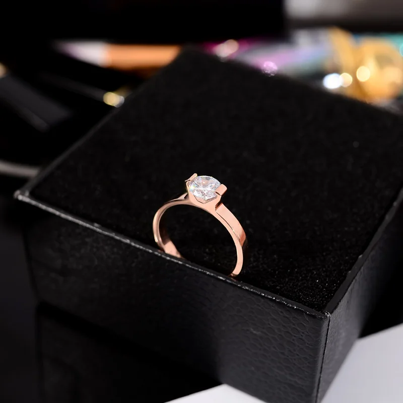 

YUN RUO Fashion Zirconia Inlay Wedding Ring Couple Rose Gold Color Woman Birthday Gift Party Titanium Steel Jewelry Never Fade