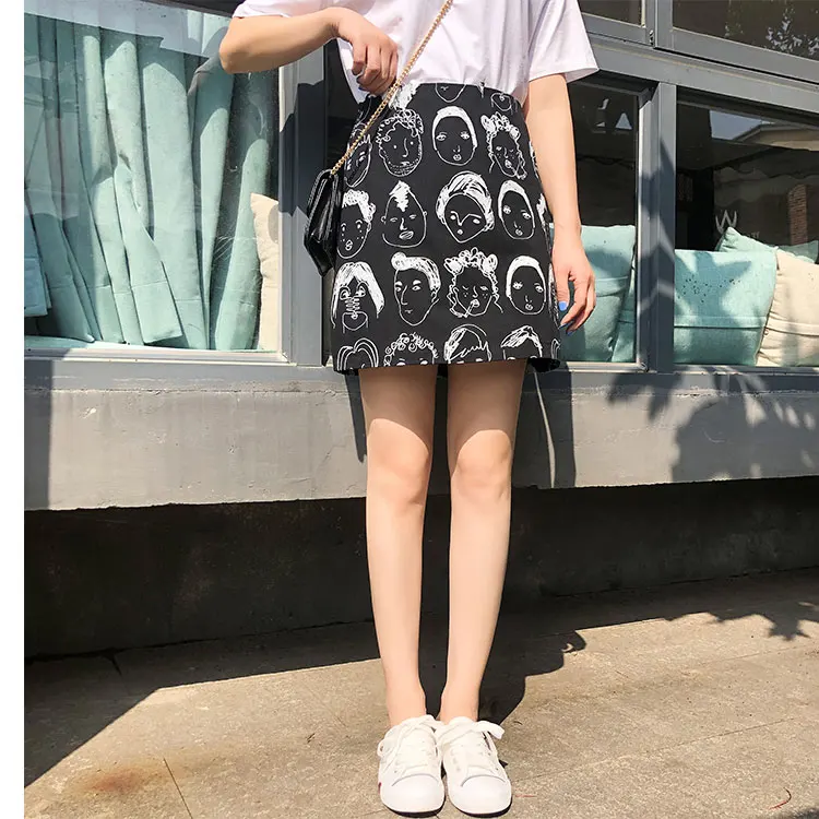 Human Head Print Summer Mini Skirt Women Graffiti High waist skirt A-line kawaii Female Skirts Sexy Short student |