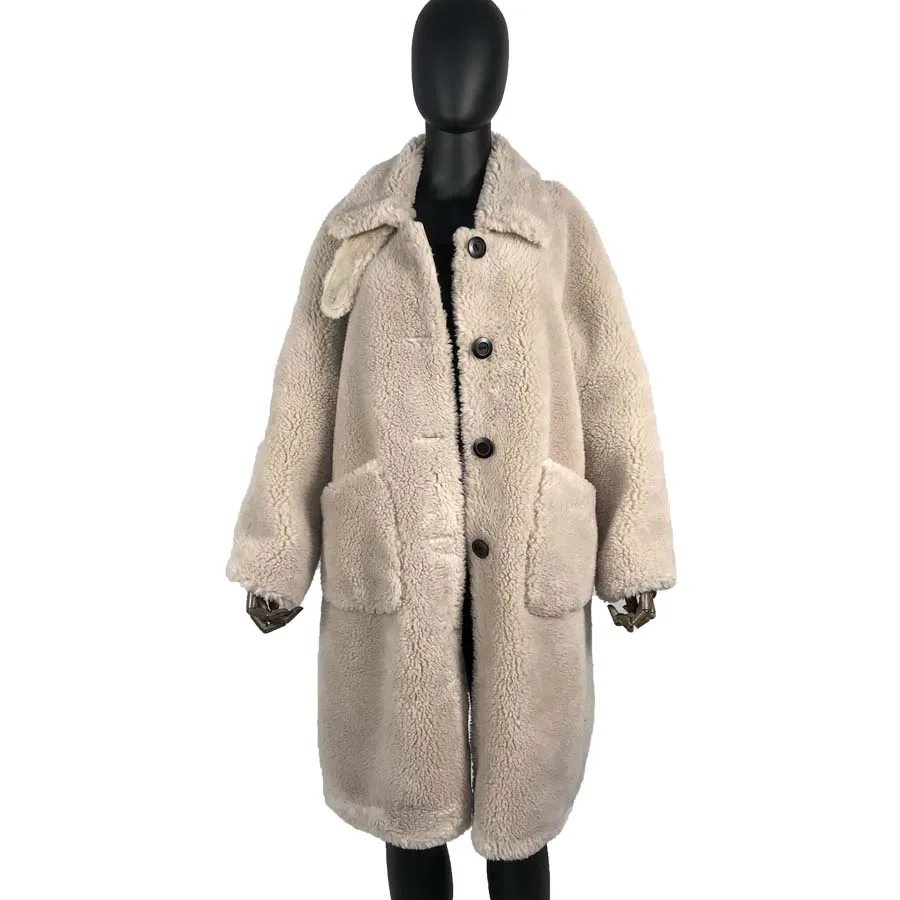 

teddy bear coat wool coat jacket long new style winter fashion Composite Shearling Lamb Fur Coat button oversized turn-d